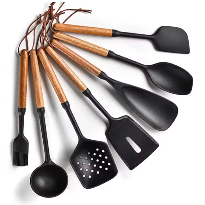 7 teiliges Silikon Kochwerkzeugset mit Holzgriff Schwarz für die Küche-Yabubest - Home & More