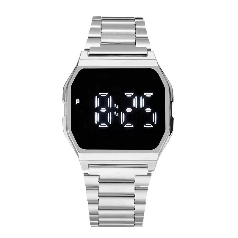Digitale Retro Sportuhr mit LED Stahlband für Damen Herren Gold Silber