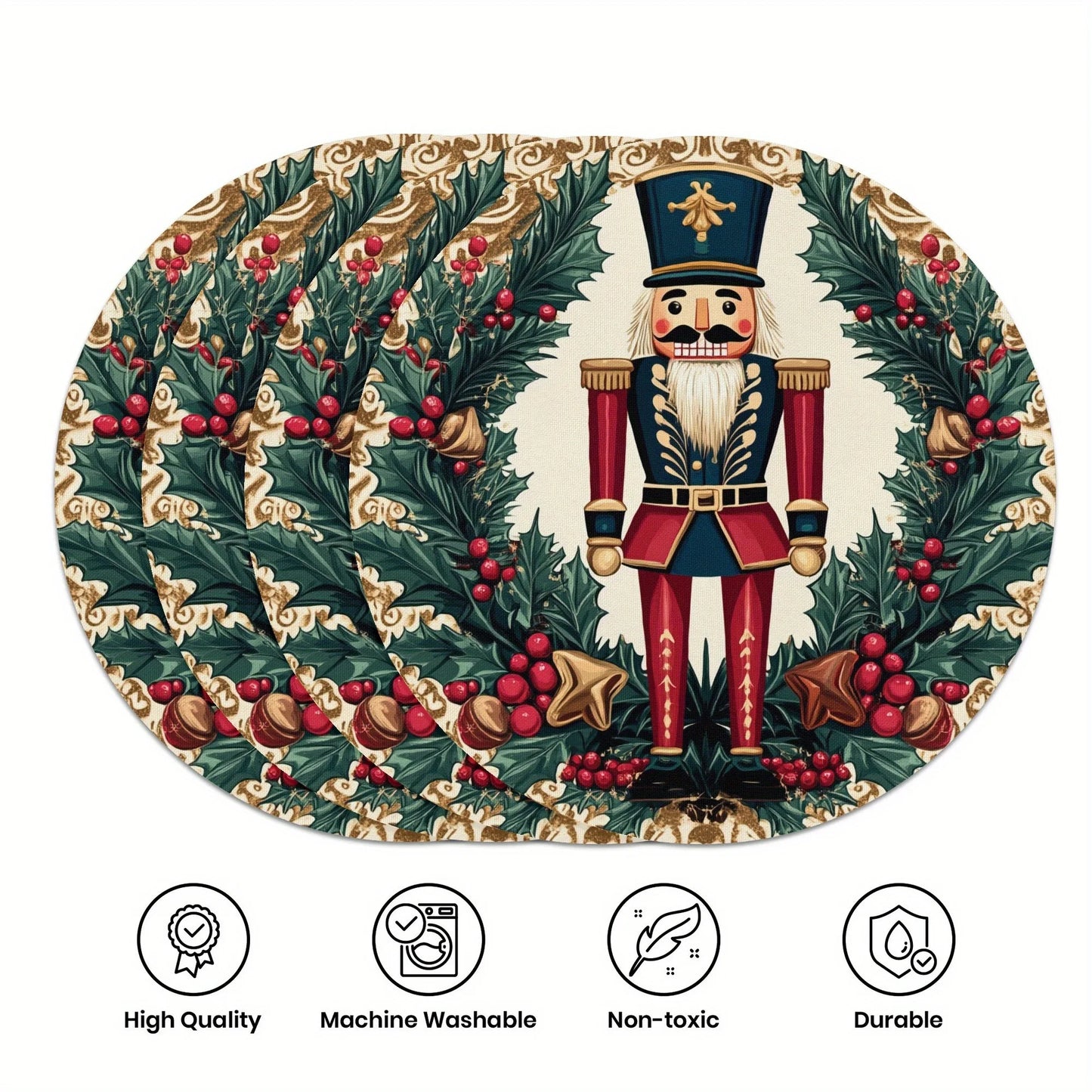 Runde Vintage Weihnachts Tischsets mit Nussknacker Beeren Design