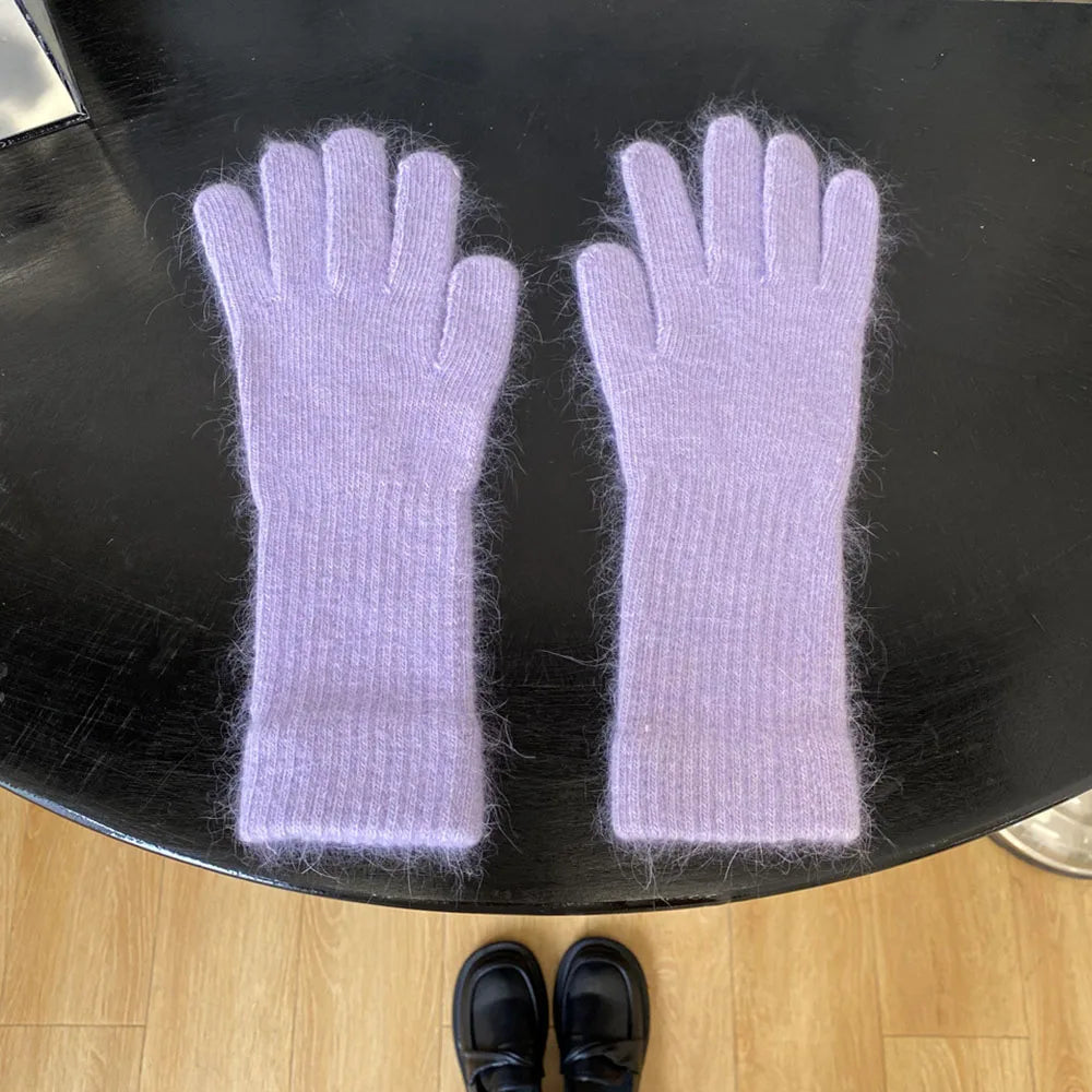 Lange warme Damen Handschuhe aus Kaninchenwolle für den Winter