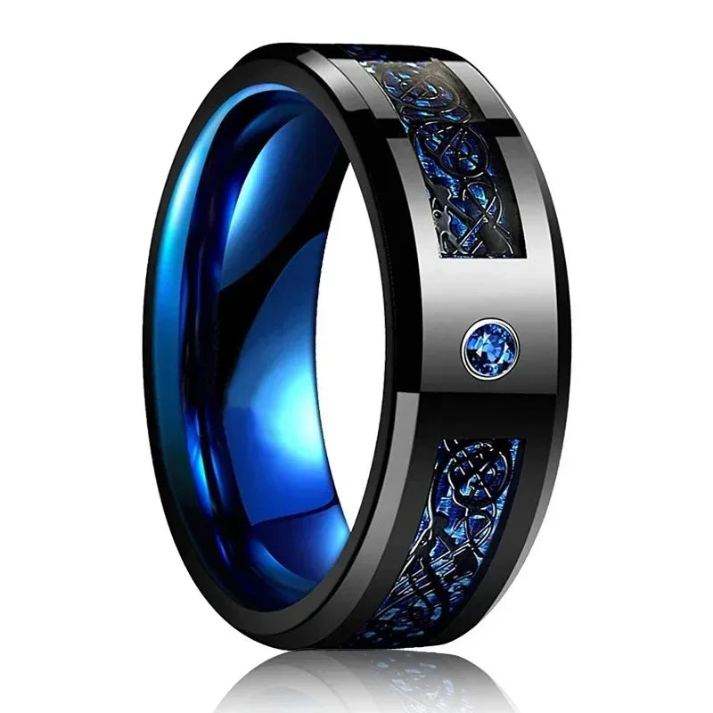 Eleganter Edelstahlring mit keltischem Drachen und Carbon Inlay