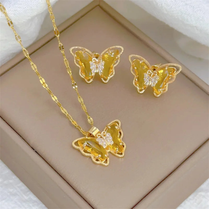 Schmetterling Schmuck Set für Damen – Halskette & Ohrringe aus Edelstahl