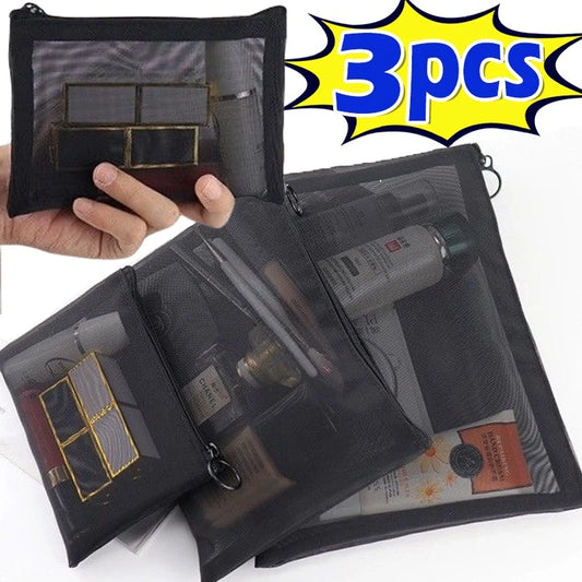 Mesh Kosmetiktasche Set 1 bis 3 Stück Schwarz Transparent Reise Organizer