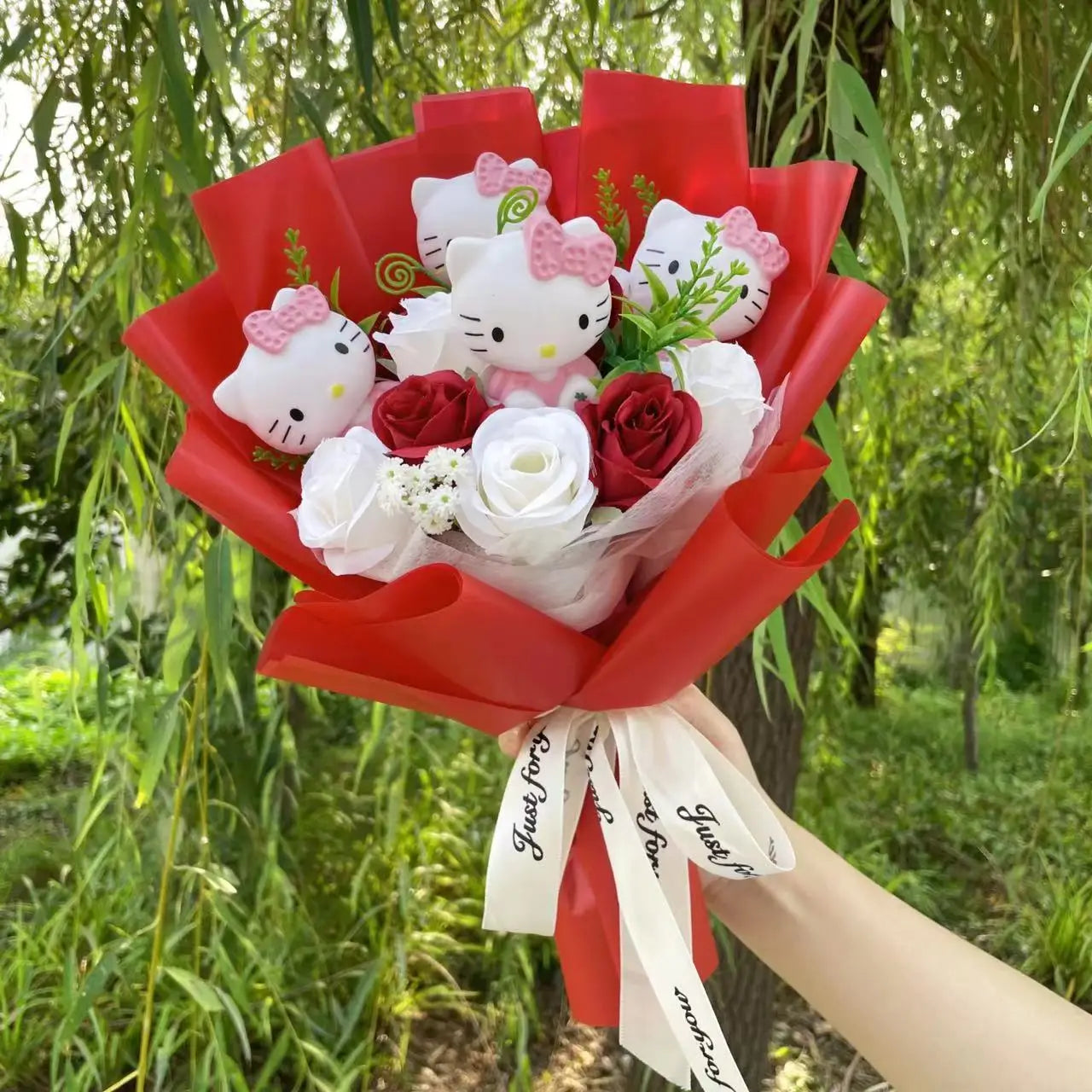 Kawaii Katzenpuppen mit künstlichen Blumen, kreativer Blumenstrauß 30-35cm-Yabubest - Home & More
