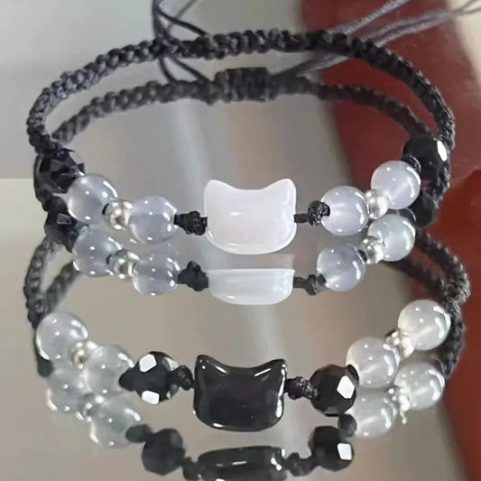 2er Set Mondstein Obsidian Armbänder mit schwarzer und weißer Katzenfigur