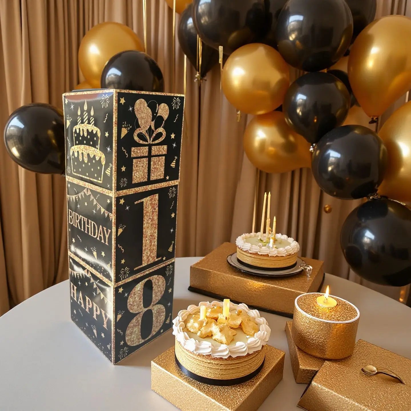 Elegante Schwarz Gold Papierbox mit Zahlen für Geburtstagsfeiern
