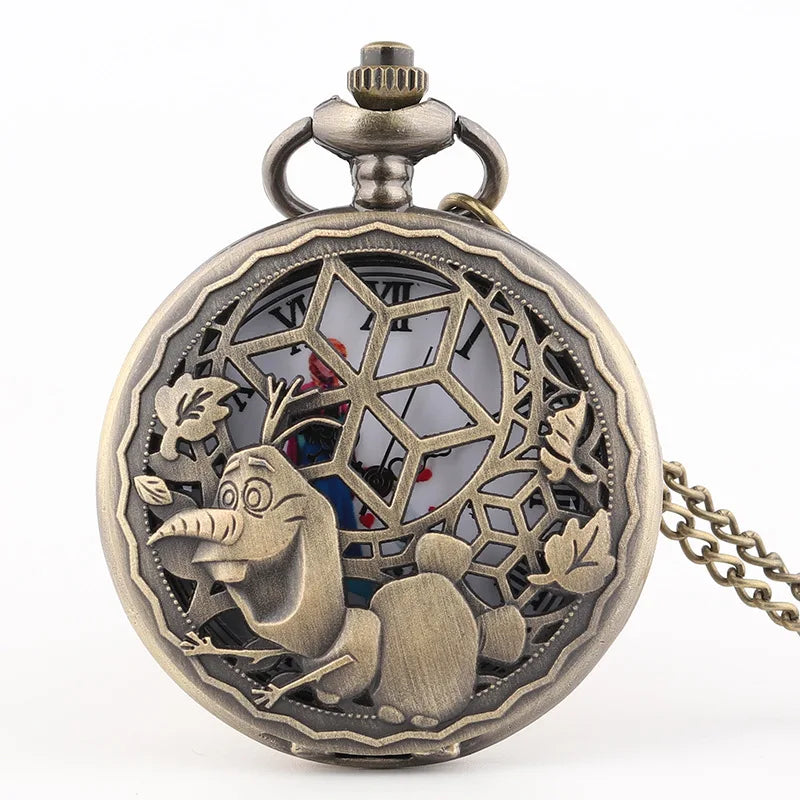 Gefrorene Schneemann Olaf Metall Quarz Taschenuhr Vintage Bronze
