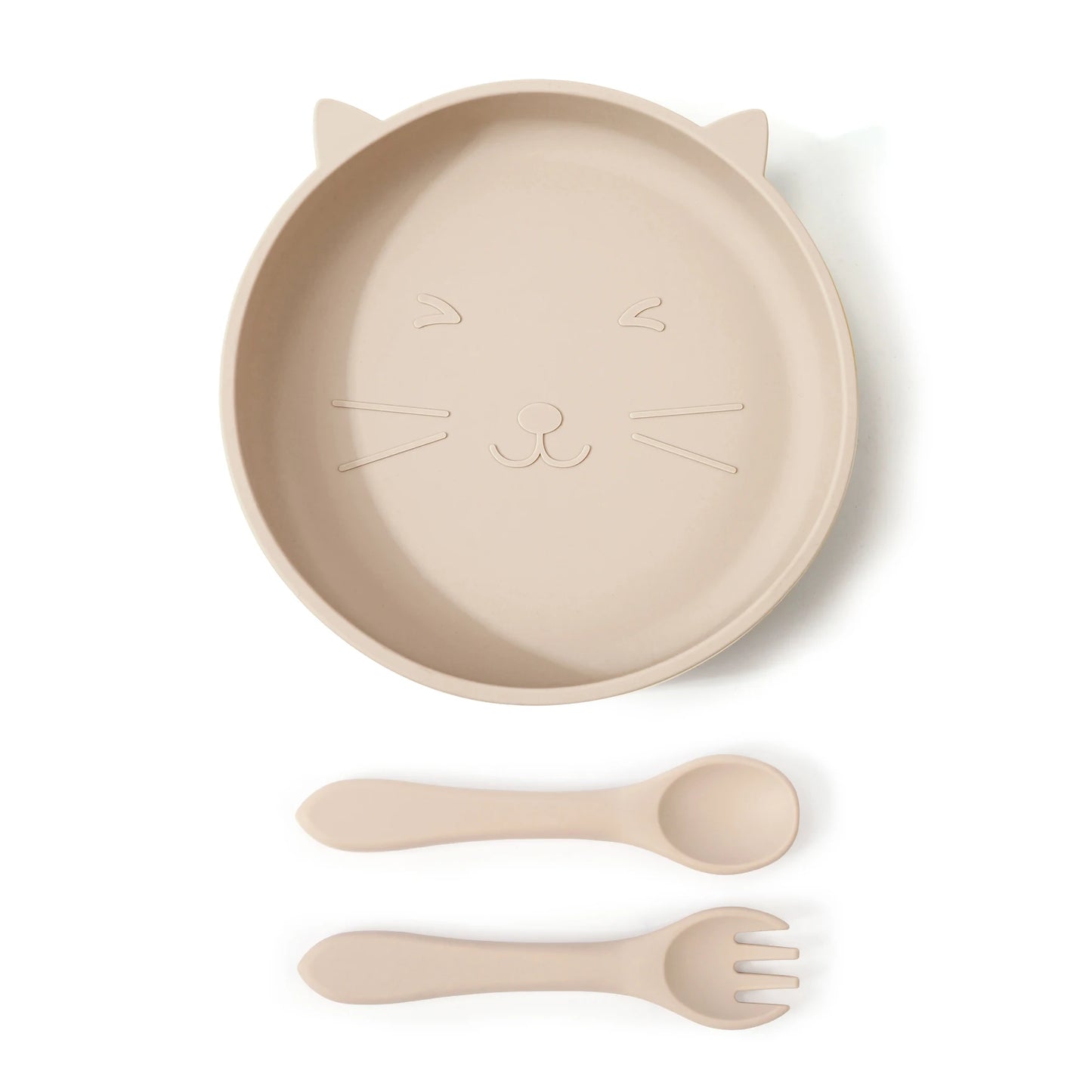 Silikon Babyteller Set Katzenmotiv mit Löffel Gabel mikrowellenfest