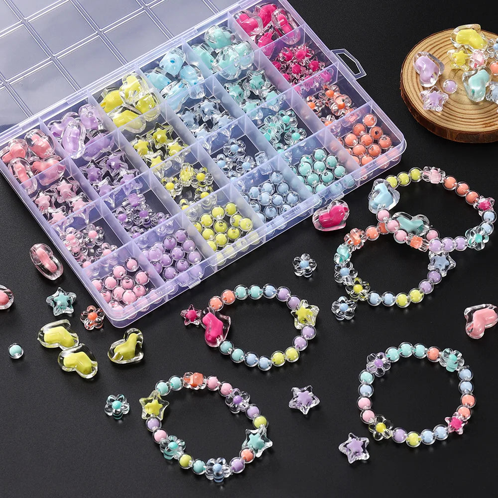24er Set Acryl Perlen Herz Stern Blume für Schmuck DIY Armband Basteln