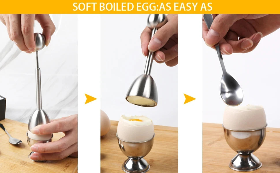 Edelstahl Eieröffner mit Eierablage und Löffel für einfaches Frühstück