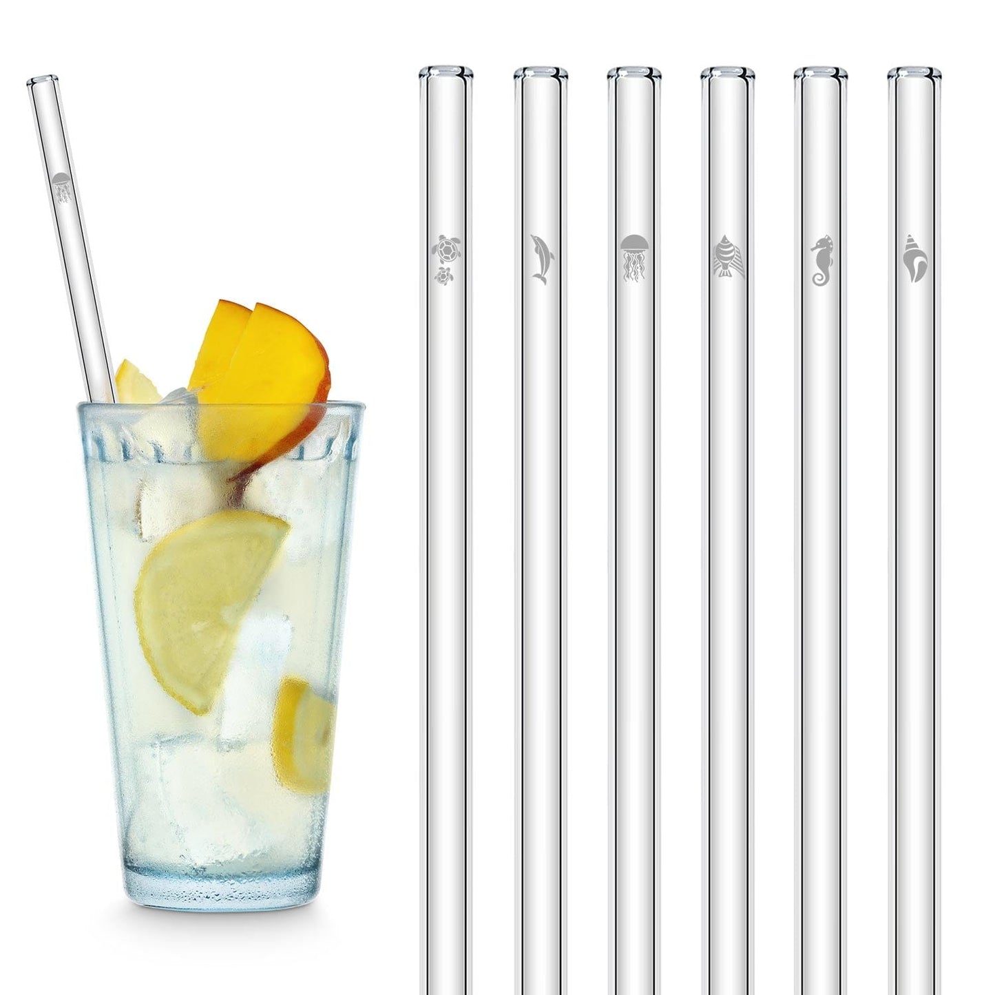 Sea Life Edition 6x Glasstrohhalme mit gravierten Motiven - 15cm, 20cm, 23cm