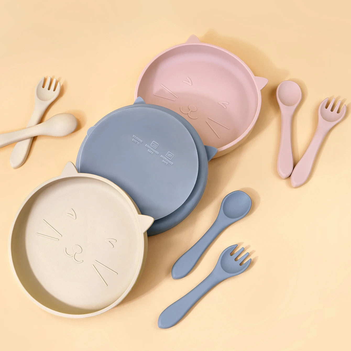 Silikon Babyteller Set Katzenmotiv mit Löffel Gabel mikrowellenfest
