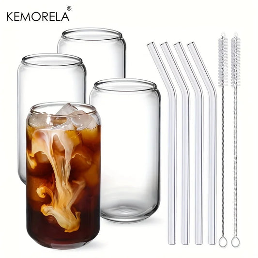 4-teiliges Trinkgläser-Set mit Glasstroh und Reinigungsbürsten