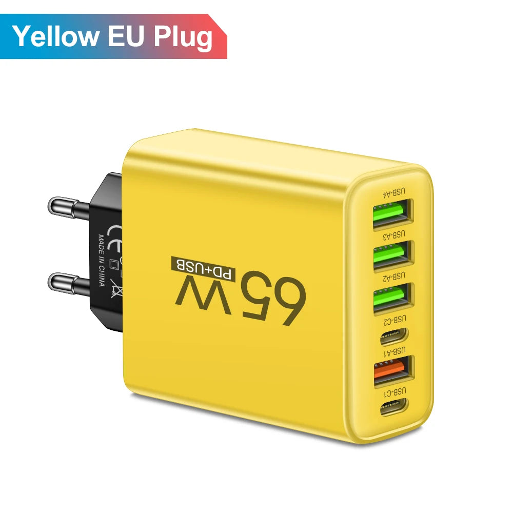 Kompaktes USB Ladegerät mit 65W und 6 Ports für schnelles Laden