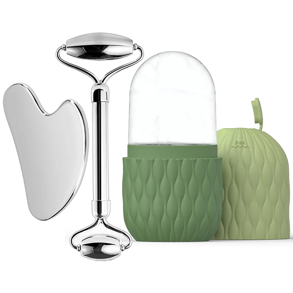 Gesichts-Roller Set: Kühlung, Massage & Hautpflege aus Silikon/Edelstahl