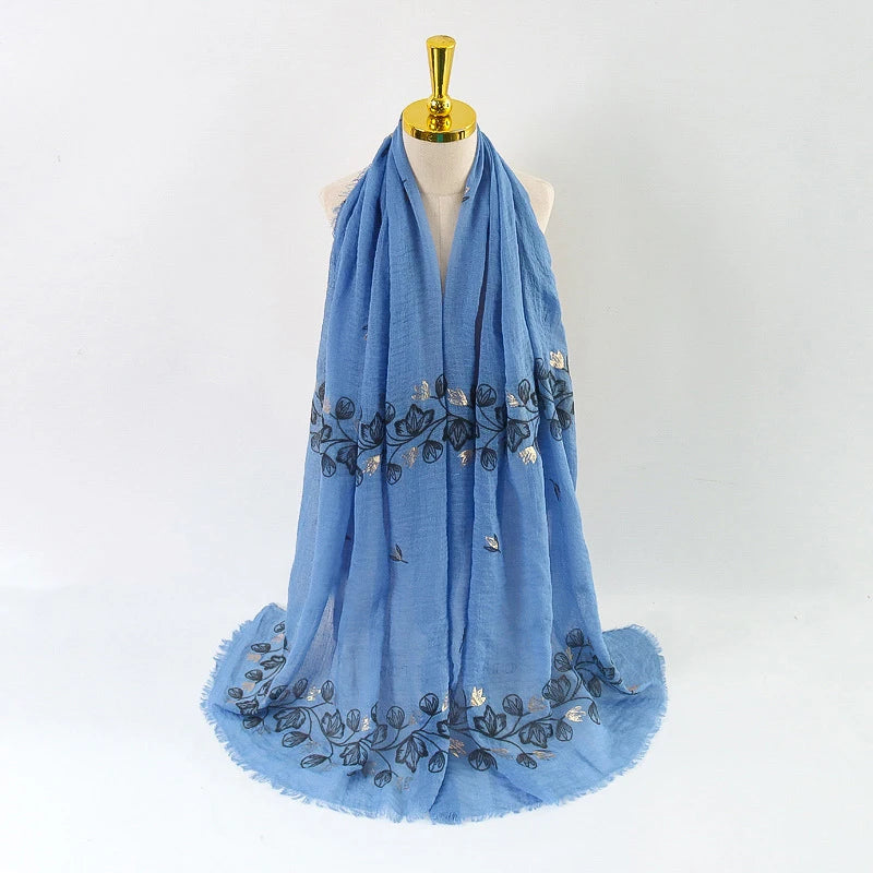 Damen Baumwoll-Leinen Schal Gold Bedruckt Quadratisch Kleine Blumenmuster