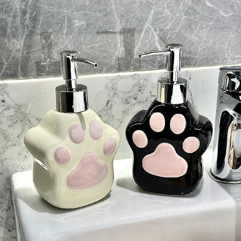 Keramikseifenspender mit Katzenpfoten Motiv für Dusche und Bad