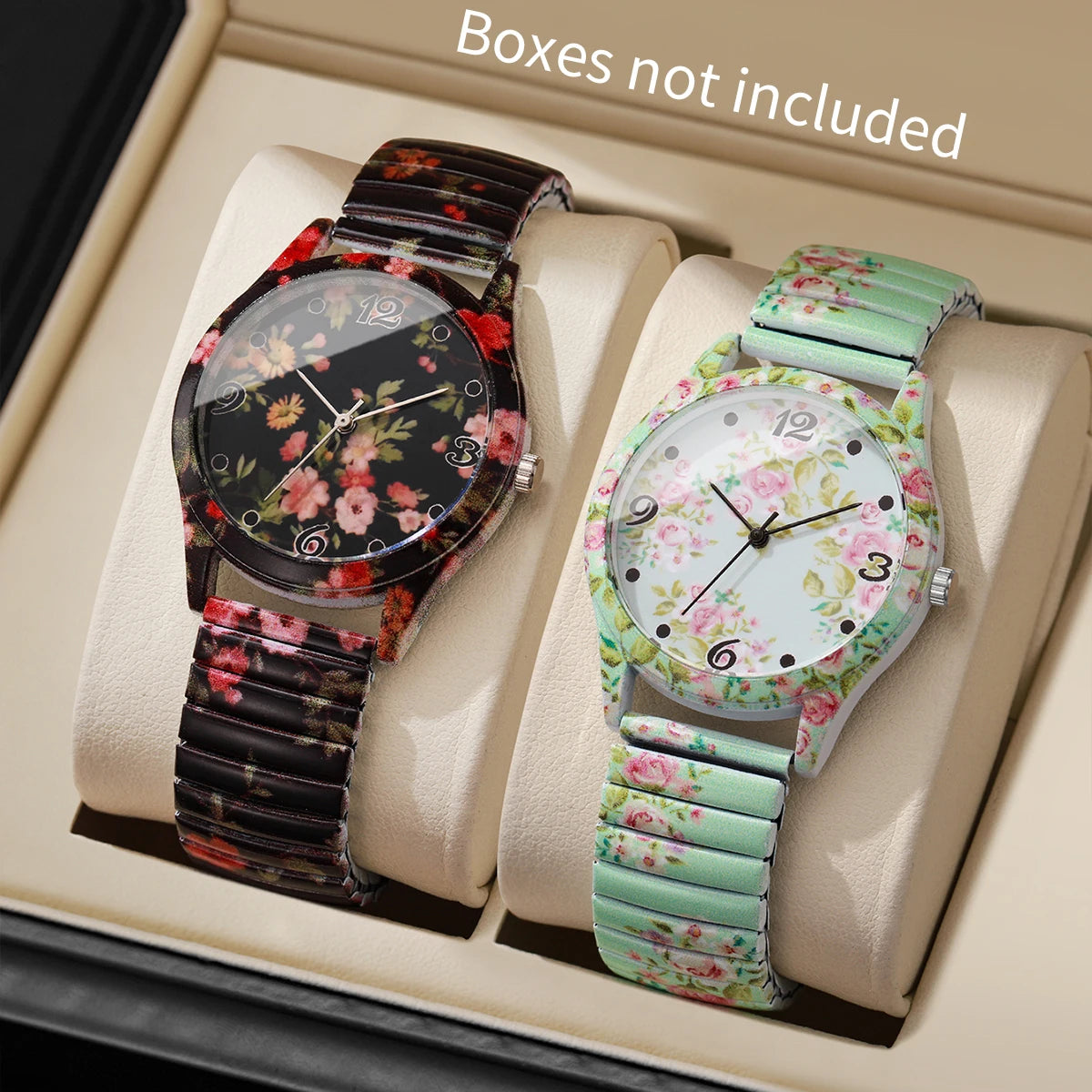 Damen Quarz Armbanduhren Set mit Blütenmotiv und Gummiband