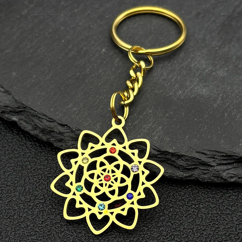 Edelstahl Schlüsselanhänger 7-Chakra Herz Blume des Lebens Schmuck