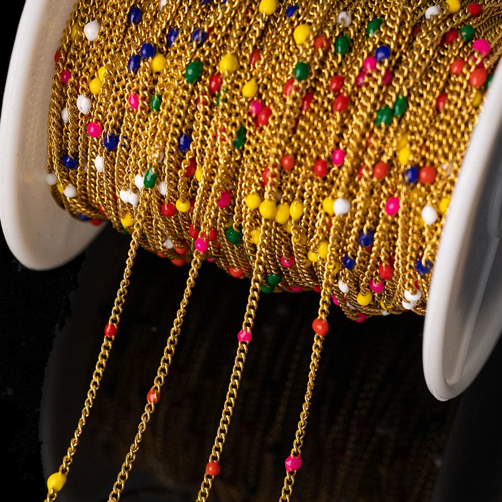 1 Meter Edelstahl Gliederkette mit bunten Emaille Kugeln für Schmuck DIY