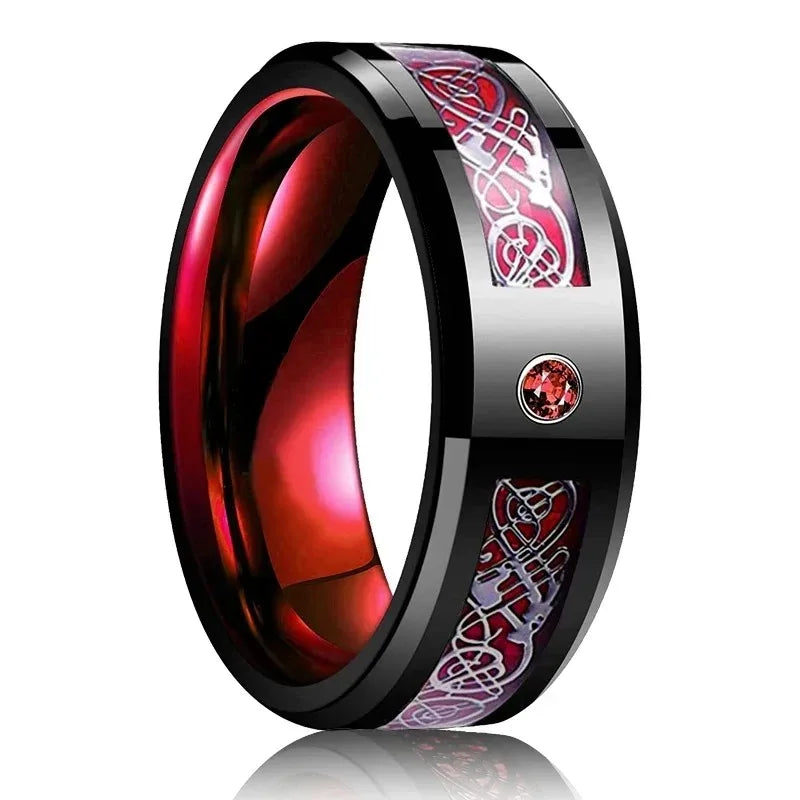 Eleganter Edelstahlring mit keltischem Drachen und Carbon Inlay