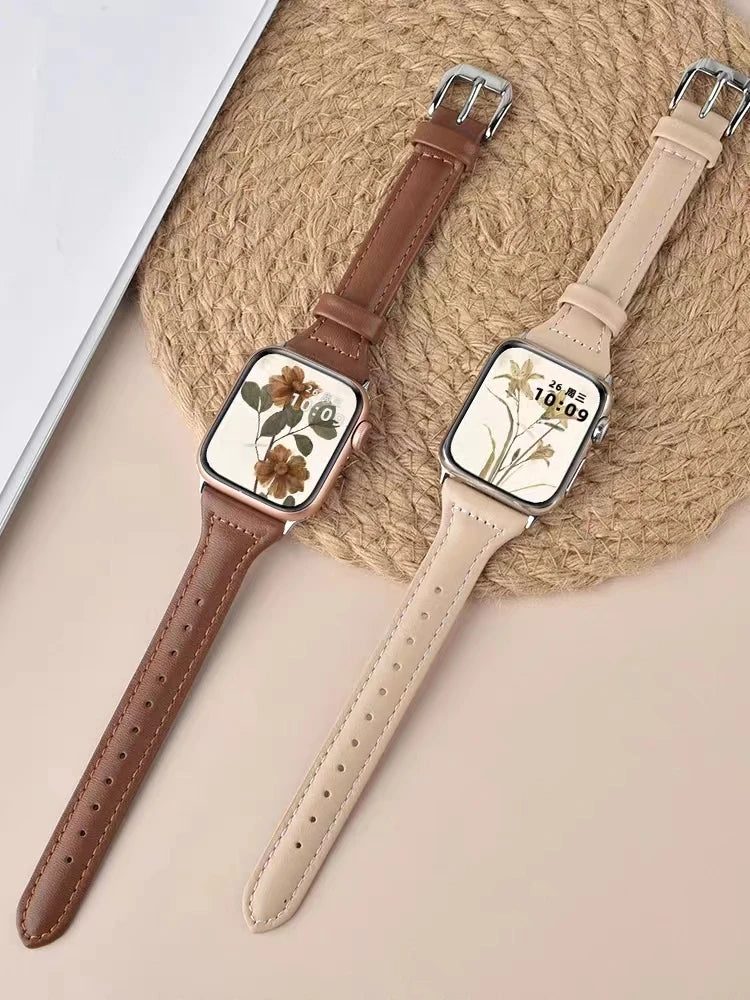 Schlankes Leder Armband für Smartwatch 38-49mm Damen Optik Metallverschluss