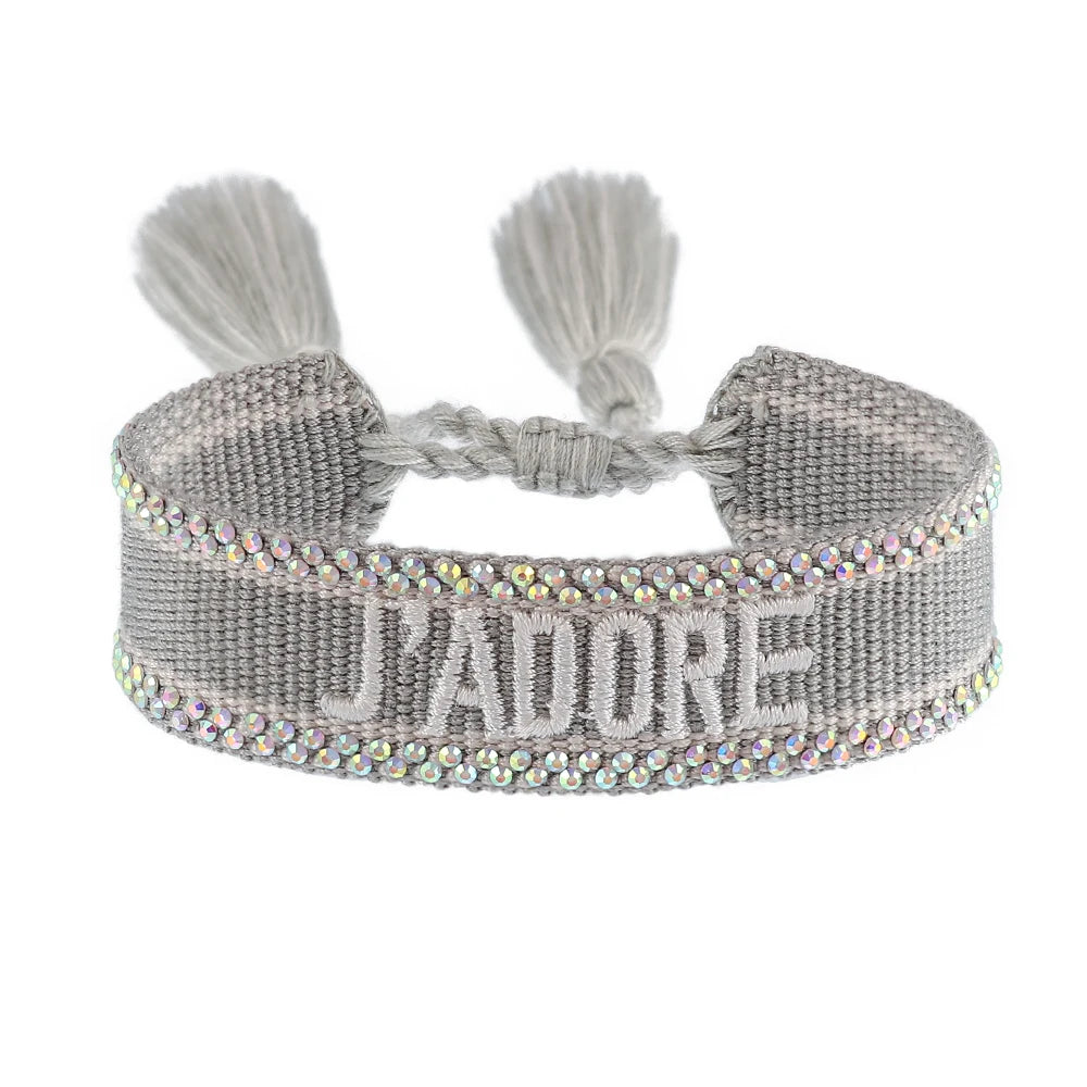 Freundschaftsarmbänder mit Schriftzug und Bling Steinen aus Baumwolle