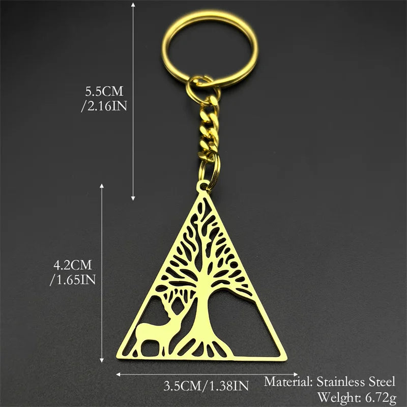 Dreieck Baum des Lebens Milu Hirsch Schlüsselanhänger Edelstahl Unisex