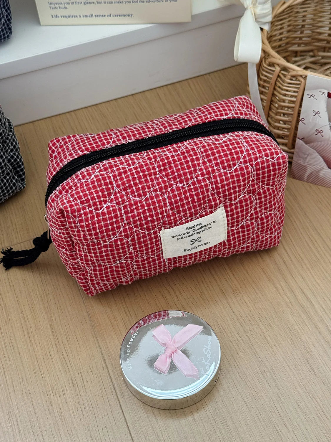 Gesteppte herzförmige karierte Damen Kosmetiktasche große Kapazität