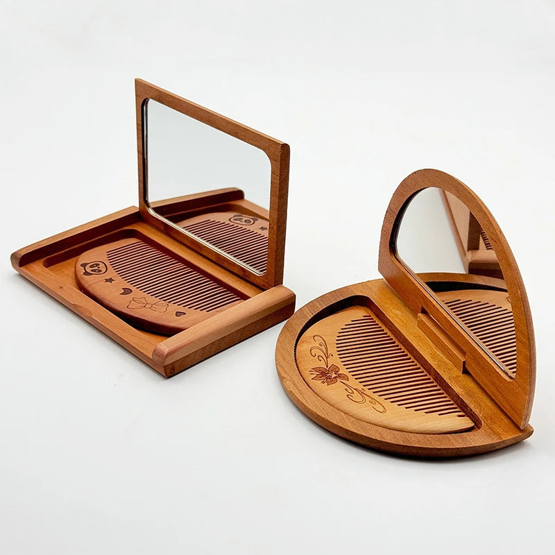 Vintage 2-in-1 Holz Kammspiegel Set für Damen Kompakt