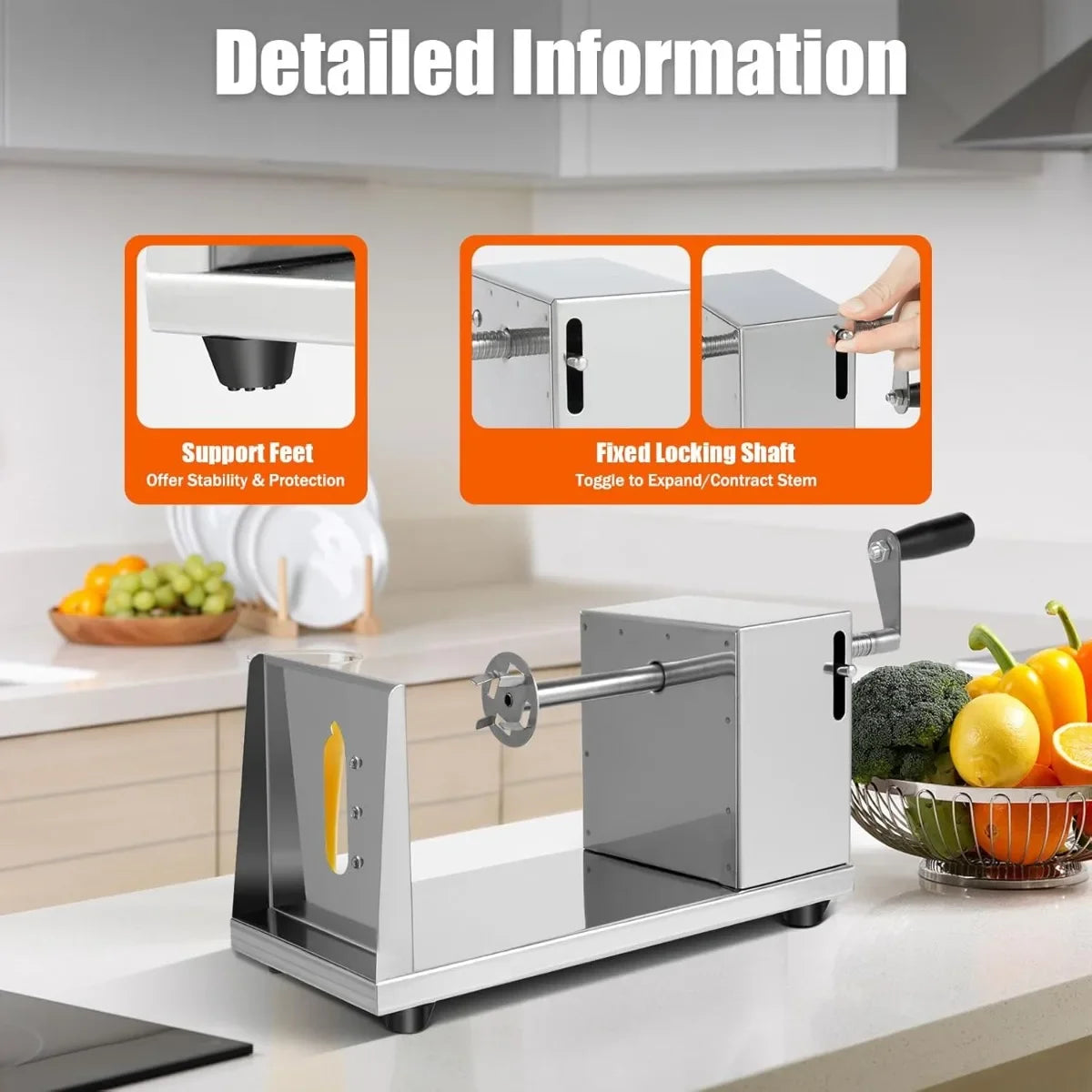 Manueller Kartoffel-Spiralschneider aus Edelstahl, spiralförmiger Twister-Kartoffelschneider, Gemüse- und Obstschneider mit 3 Klingen aus Edelstahl-Yabubest - Home & More