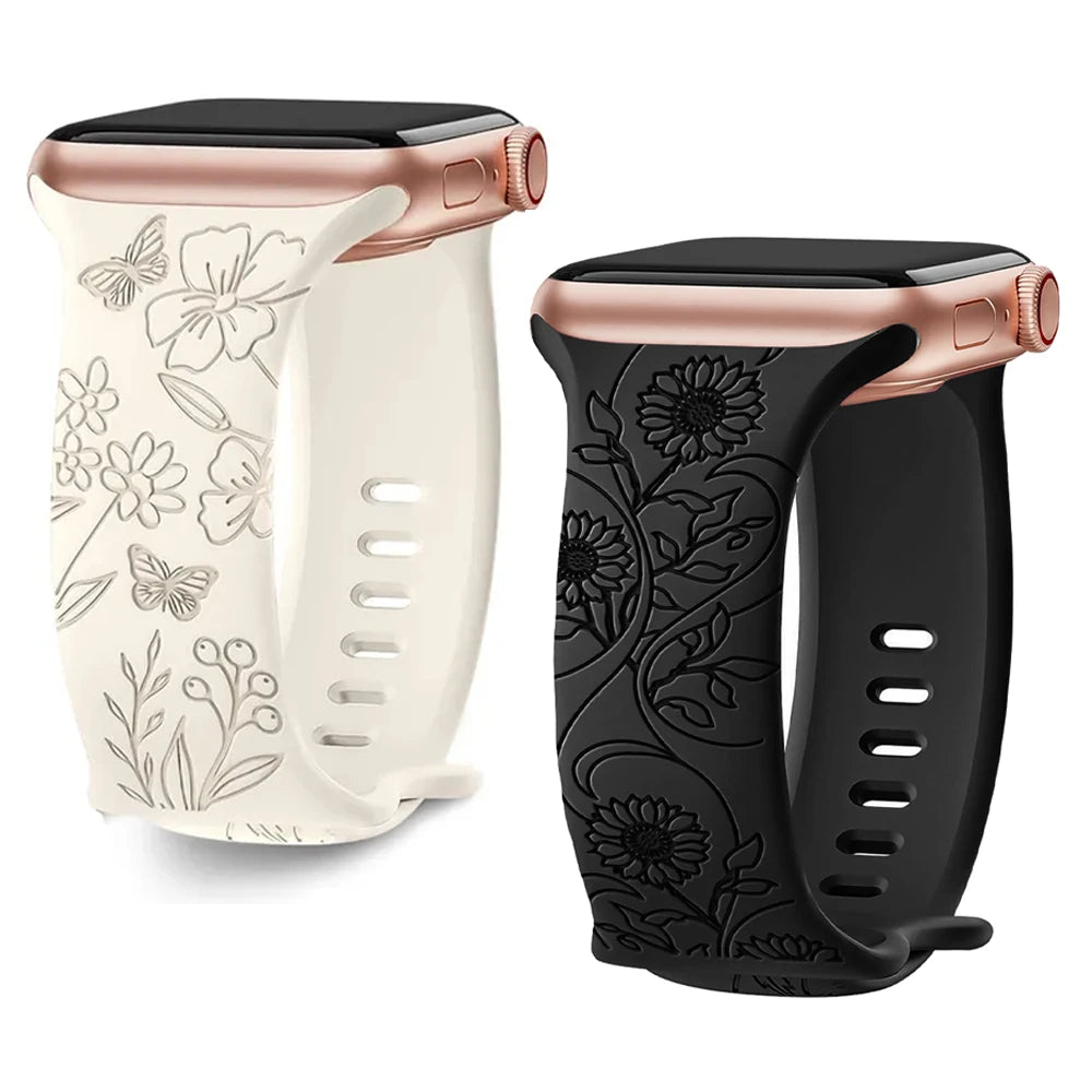 Blumengraviertes Silikonarmband für Apple Watch 38–49 mm – stilvoll - flexibel