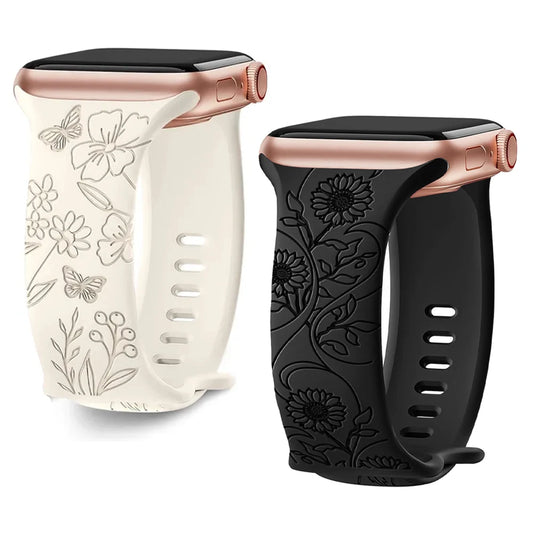 Blumengraviertes Silikonarmband für Apple Watch 38–49 mm – stilvoll - flexibel