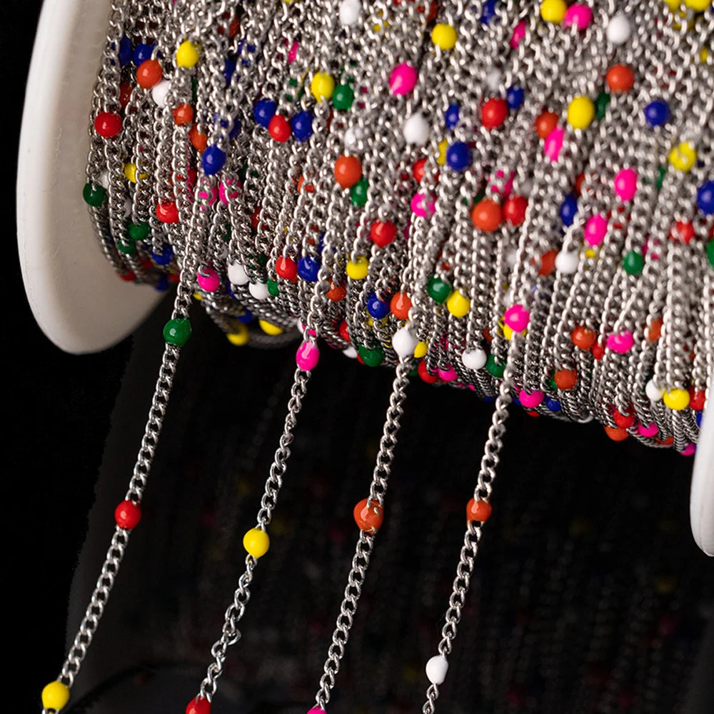1 Meter Edelstahl Gliederkette mit bunten Emaille Kugeln für Schmuck DIY