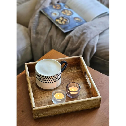 Serviertablett aus Mangoholz braun massiv mit Griffen eckig