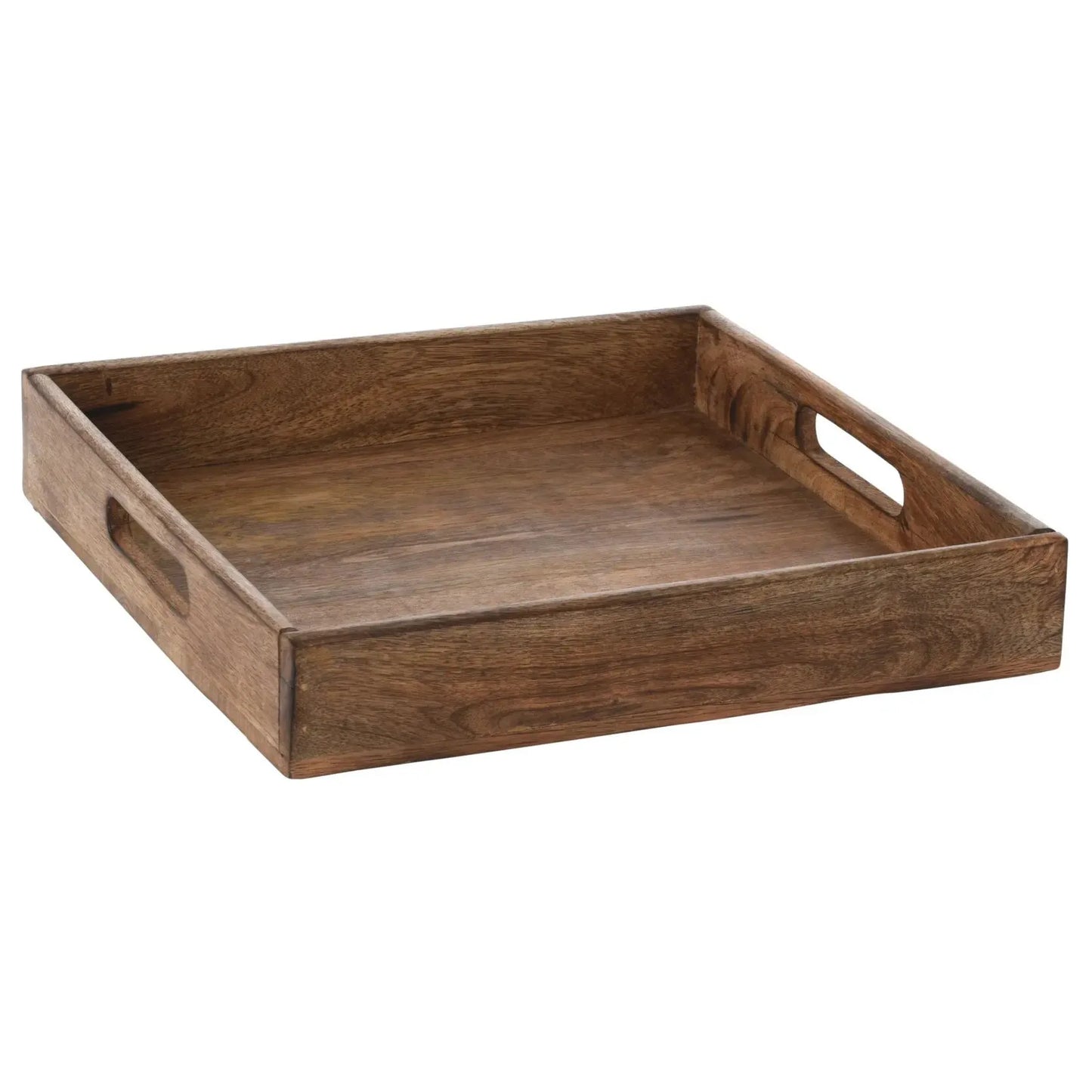 Serviertablett aus Mangoholz braun massiv mit Griffen eckig