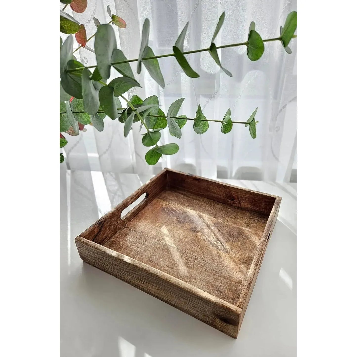 Serviertablett aus Mangoholz braun massiv mit Griffen eckig