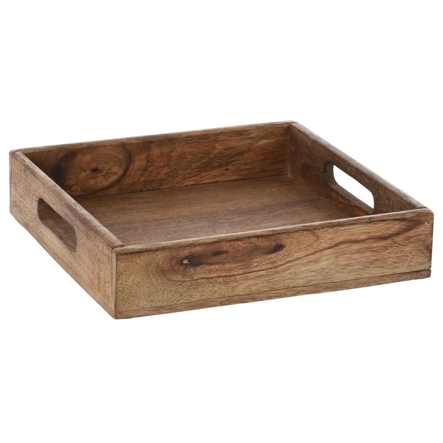 Serviertablett aus Mangoholz braun massiv mit Griffen eckig