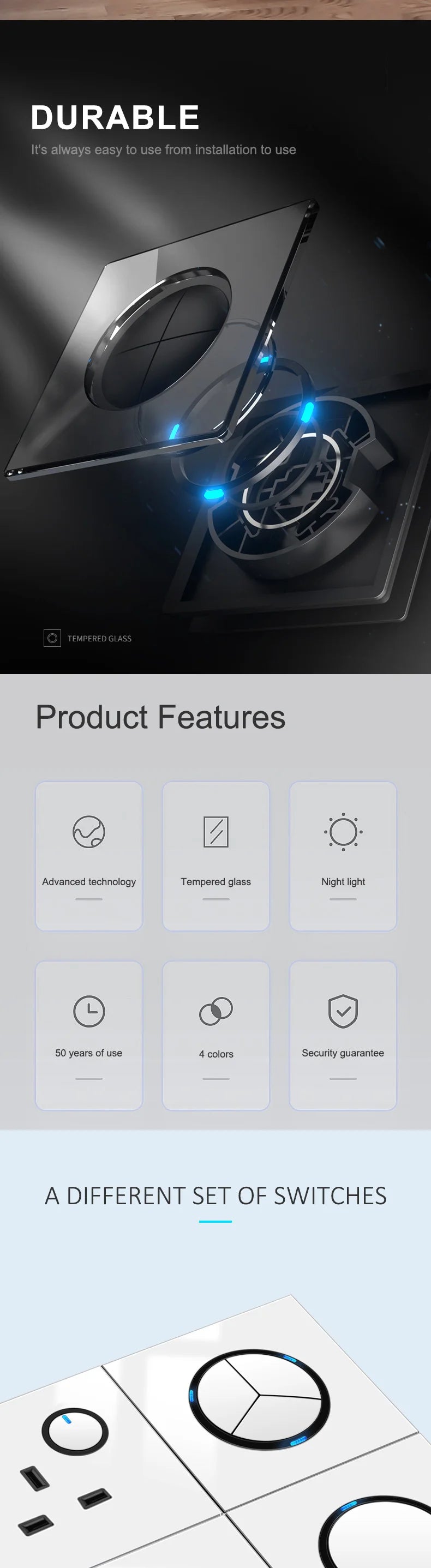 YINKA Lichtschalter mit goldener Glasscheibe für Zuhause EU Standard