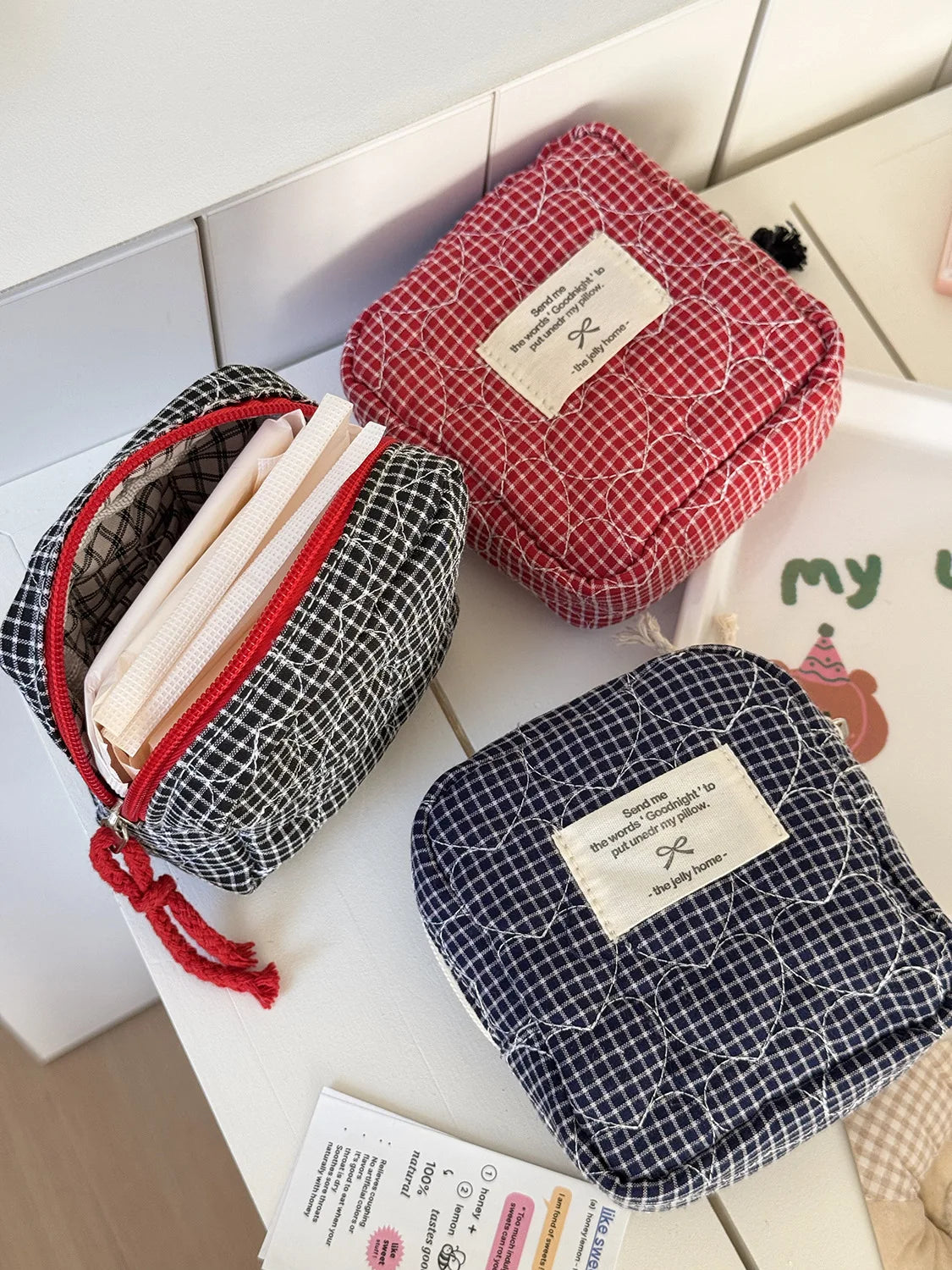 Gesteppte herzförmige karierte Damen Kosmetiktasche große Kapazität