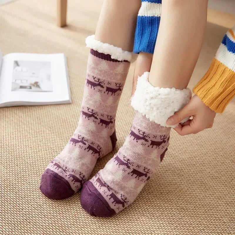 2er Set flauschige Damen Thermo-Socken rutschfest warm Plüsch Weihnachten
