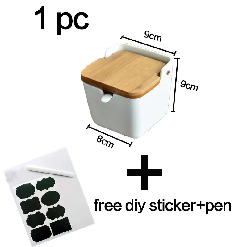 Keramik Gewürzspender Set mit Bambusdeckeln und Organizer Rack