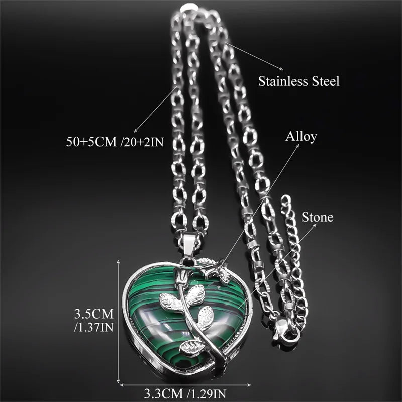Herzanhänger Halskette mit grünem Malachit Stein aus Edelstahl Unisex