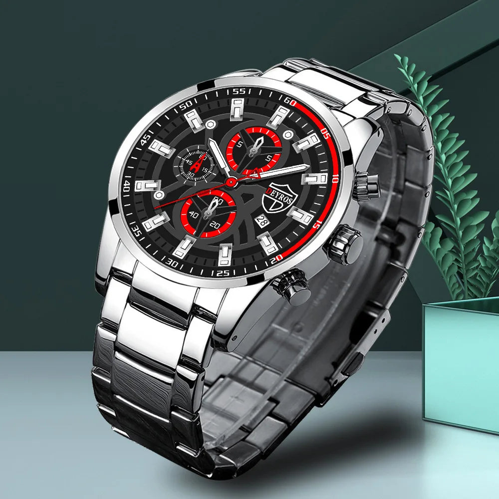 5-teiliges Uhren-Set für Herren mit Datum und Legierungsarmband