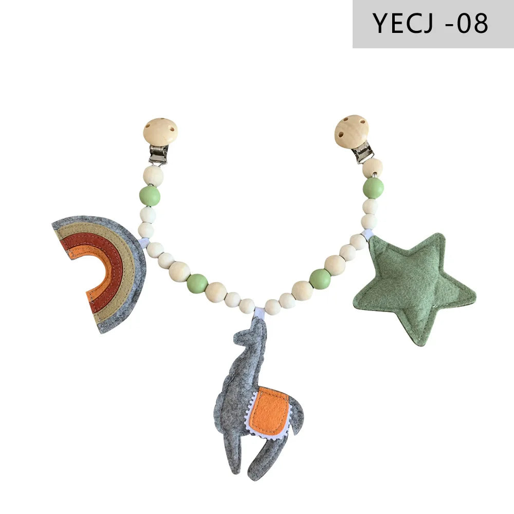 Holz-Kinderwagenclip mit Beißring und Rassel für Babys