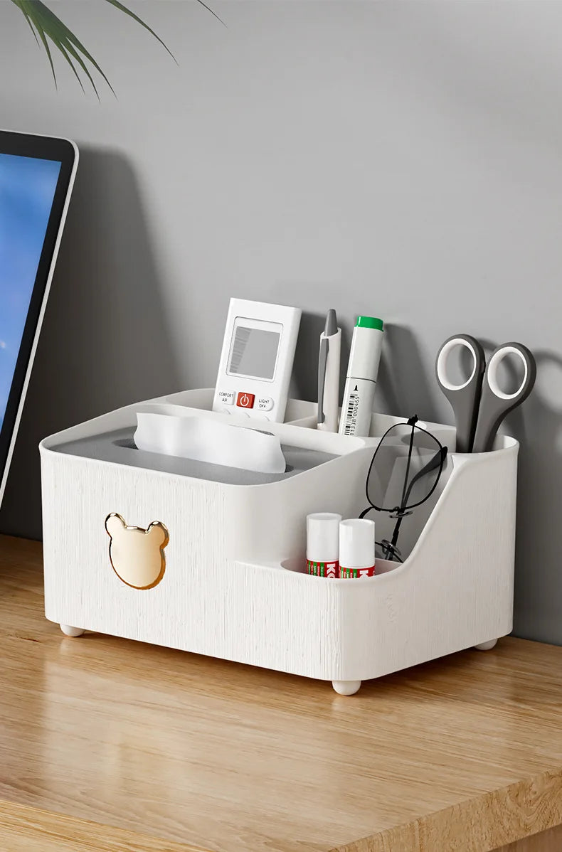 Multifunktionale Desktop-Aufbewahrungsbox mit Taschentuchfach für Zuhause