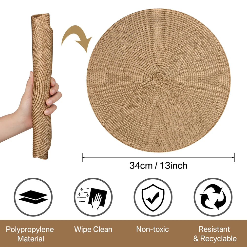 Set mit 6 runden geflochtenen Tischsets 34 cm waschbar rutschfest