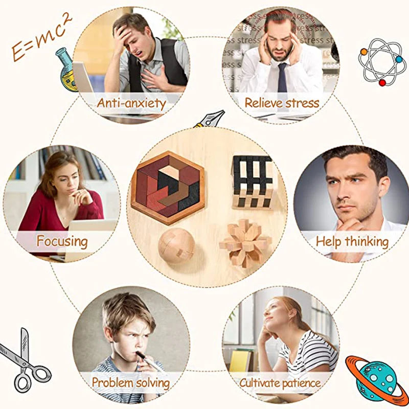 Klassisches 3-teiliges Holzpuzzle für Gehirnjogging