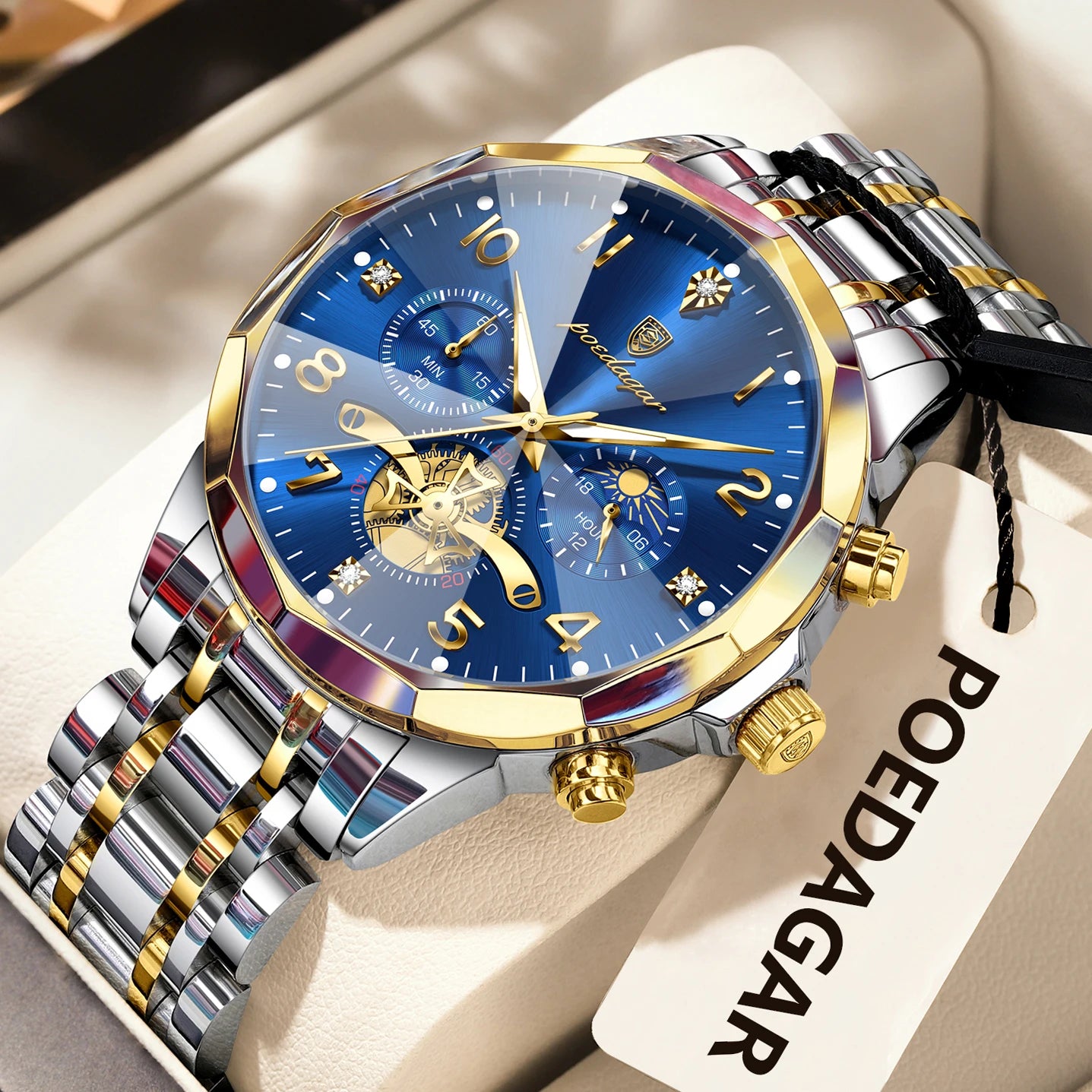 Wasserdichte Edelstahl Herrenuhr mit Chronograph und Leuchtfunktion-Yabubestshop