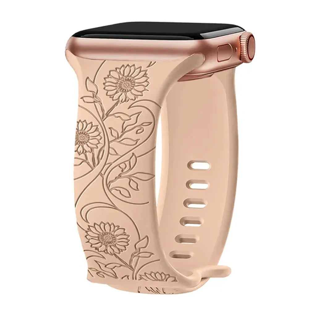 Blumengraviertes Silikonarmband für Apple Watch 38–49 mm – stilvoll - flexibel